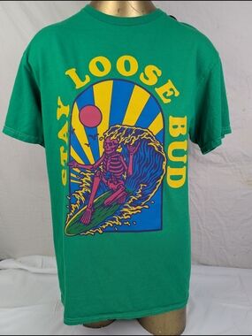 Stay Loose Bud - Men's Green Tee America Highway Skeleton Surfer Medium NWT